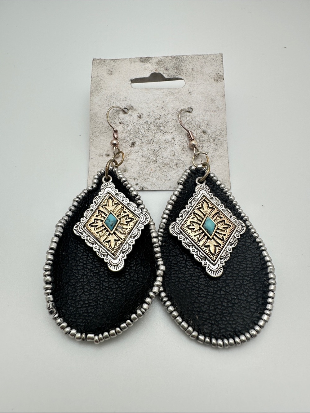 Handmade Black Teardrop Earrings with Turquoise Accent